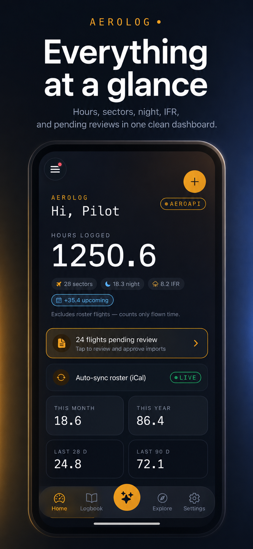 Aerolog dashboard showing total flight time, night and IFR hours, and pending reviews