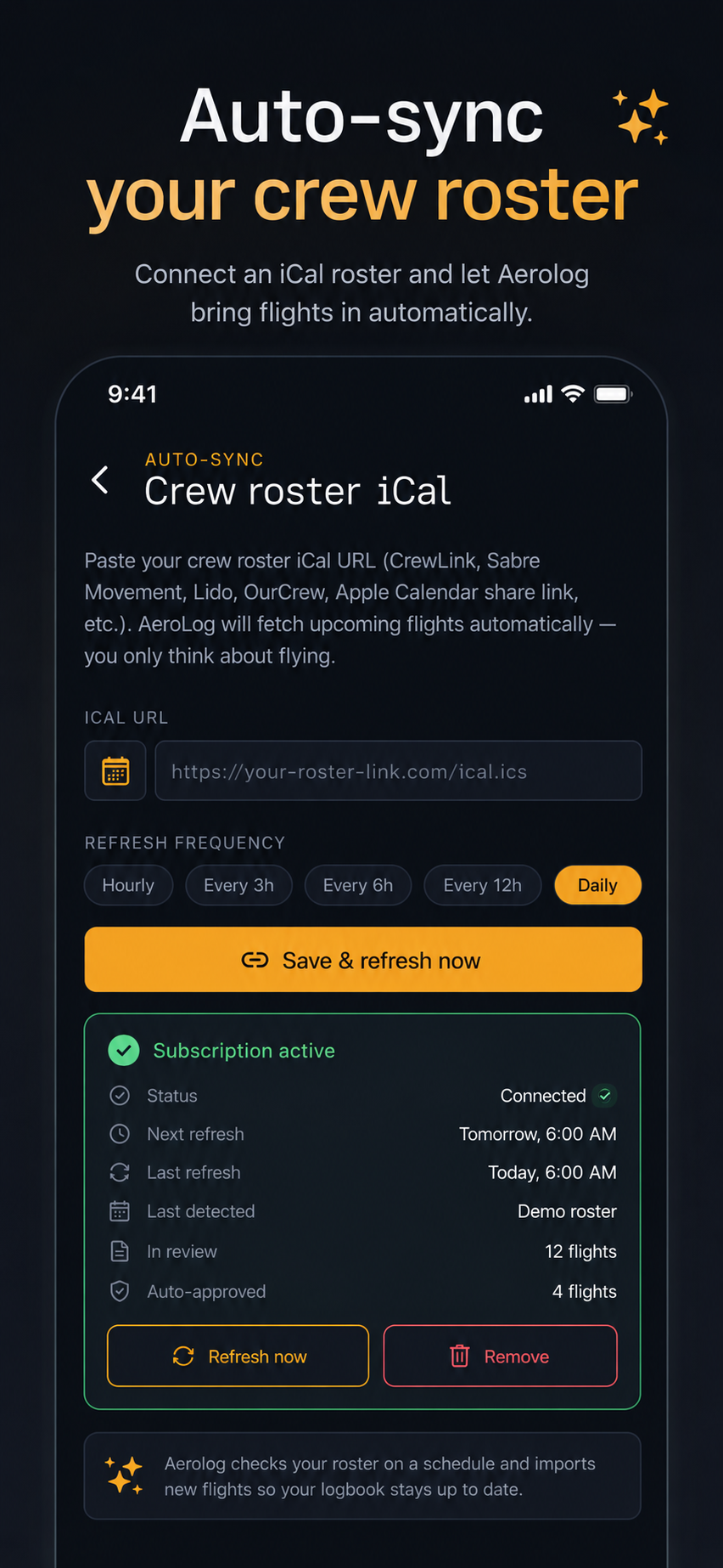 Aerolog roster sync settings screen